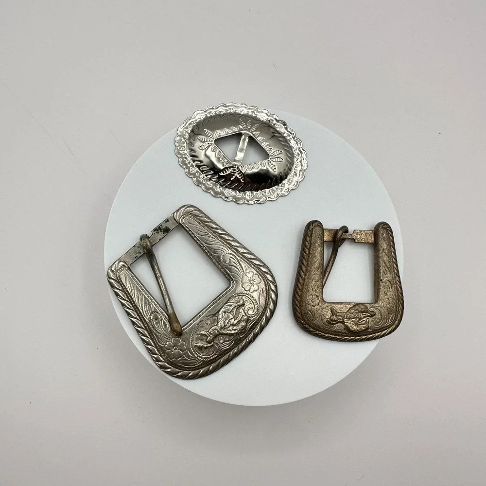 Vintage 80s 90s Western Floral Engraved Slotted Concho Belt Buckles Set Y2K Boho
